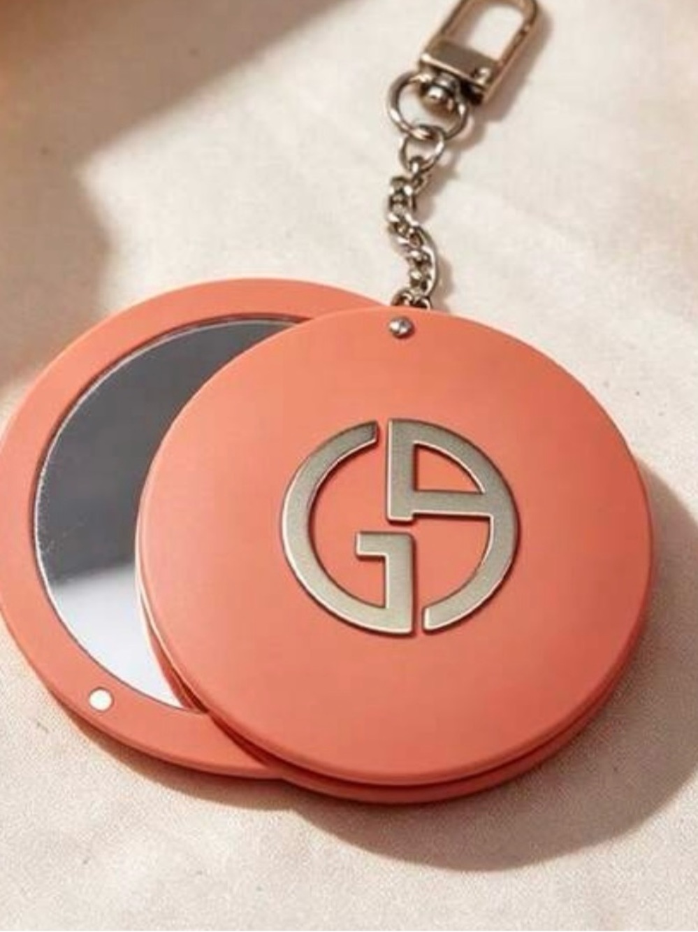 Giorgio Armani Coral Round Pocket Mirror Keychain with Logo